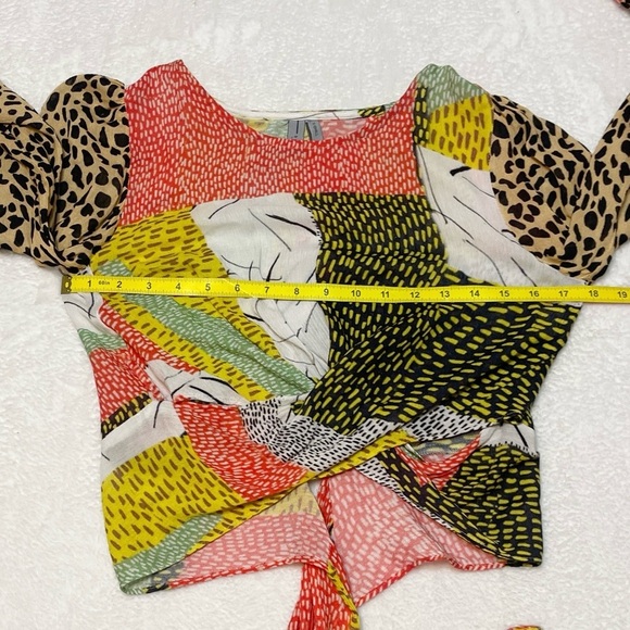 Anthropologie Bl-nk Colorful Abstract Patchwork Long Sleeve Tie Waist Blouse - Picture 7 of 13